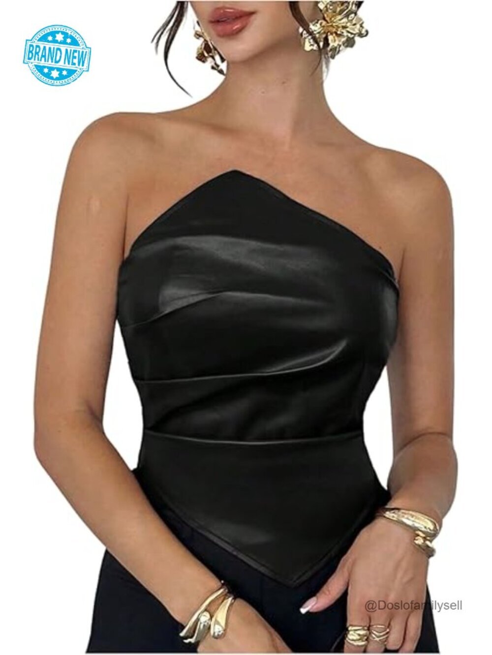 PU Leather Strapless Tube Top Ruched Hanky Hem Going Out